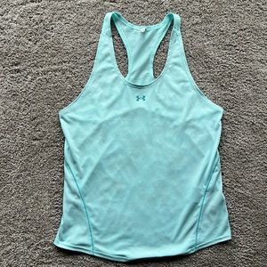 Under Armour light teal mesh racerback tank top with subtle gray print, size M